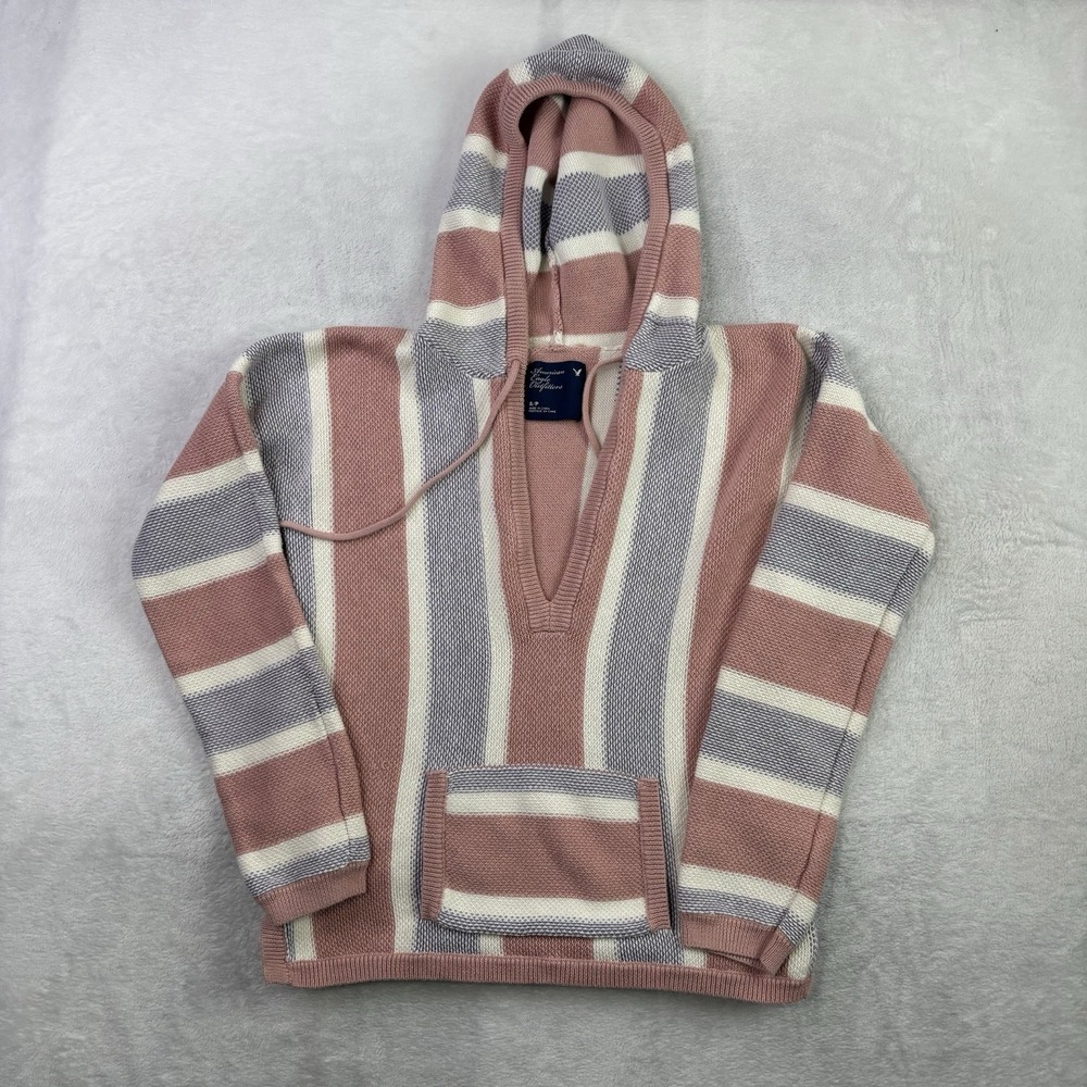 Y2K American Eagle Outfitters Beach Striped Long Sleeve Hoodie Women's Small